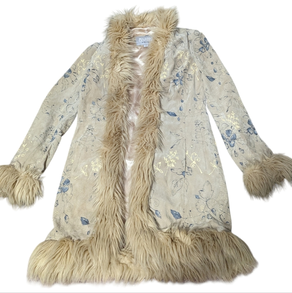 Vintage 90's Wilson Leather Penny Lane  M Suede Floral Coat with Fur Trim